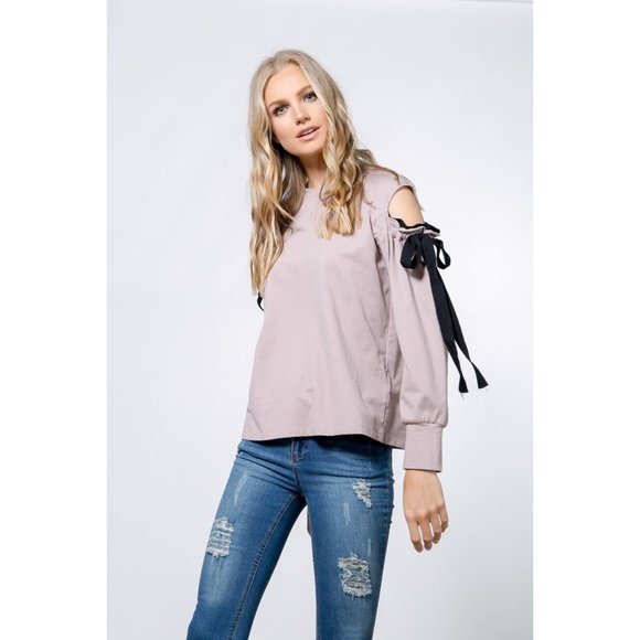 Women's Casual Cold Shoulder Pullover with Tie Details Super Cute Top Daily - Picture 2 of 10